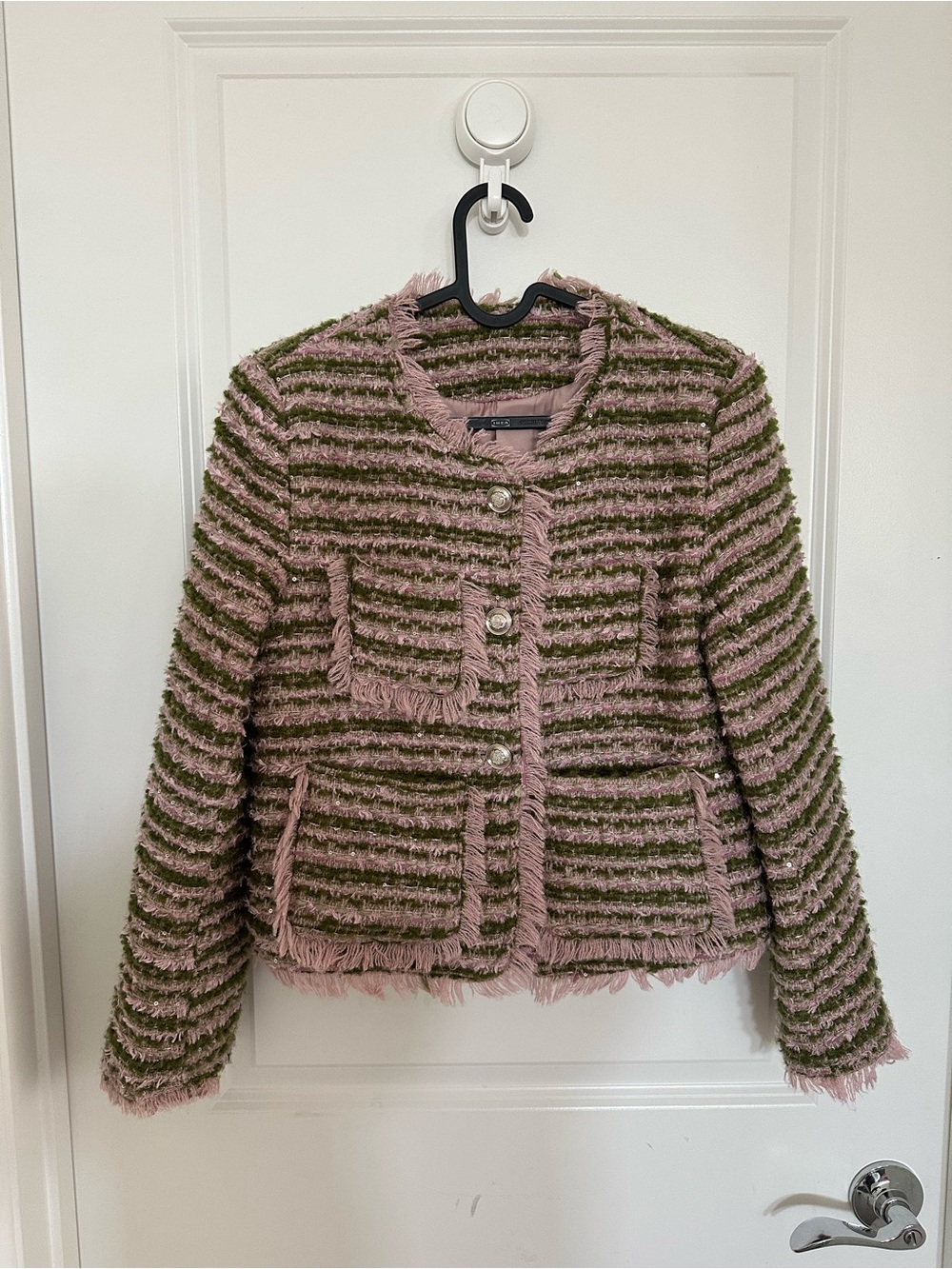 Women's Chic Sage Green & Pink Tweed Cropped Jacket w/ Sequins Sz L